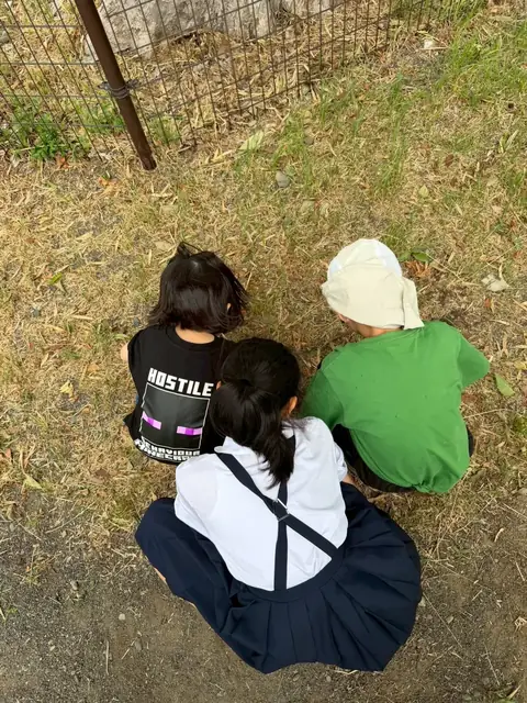先生と子どもたちが外で活動する様子