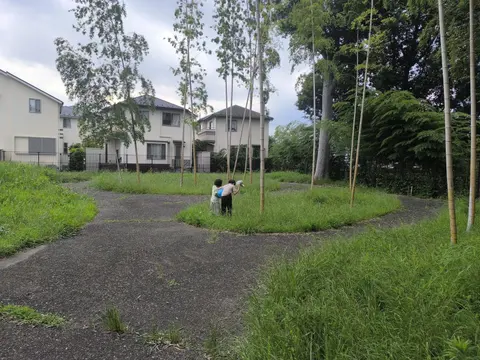 竹林のある広場で外遊びをする子どもたち