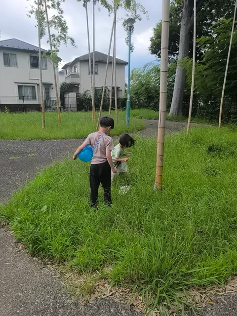 草の生えた広場で遊ぶ子どもたち