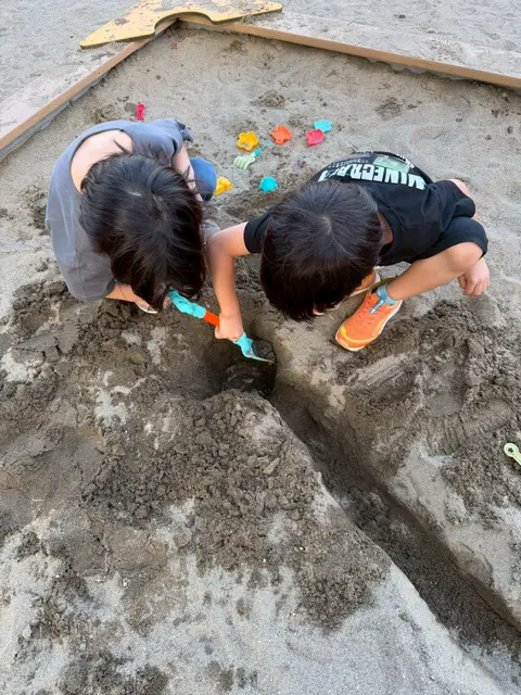 砂場で道具を使って砂遊びをする子どもたち