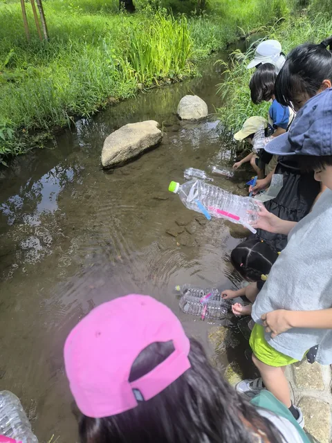 小川でペットボトルを手に水の流れを観察するアフタースクールの子どもたち