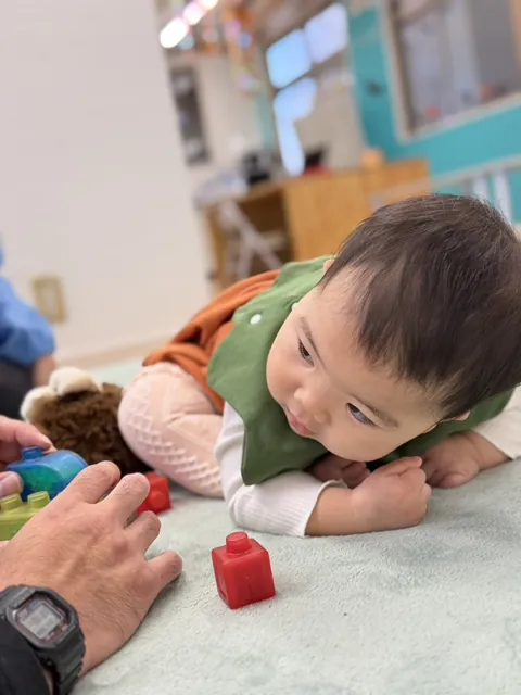 先生とブロックで遊びながら、床に寝そべって見つめる赤ちゃん