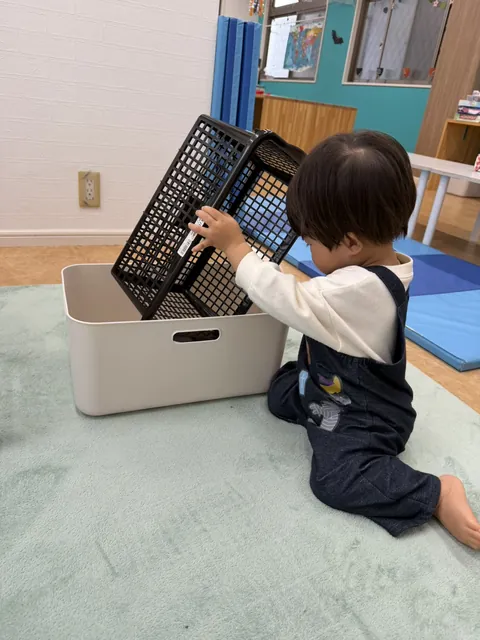 かごを箱にしまおうとがんばる子ども